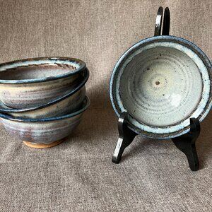 Set of 4 Vintage Studio Art Pottery Bowls Signed MF Blue Speckled Stoneware